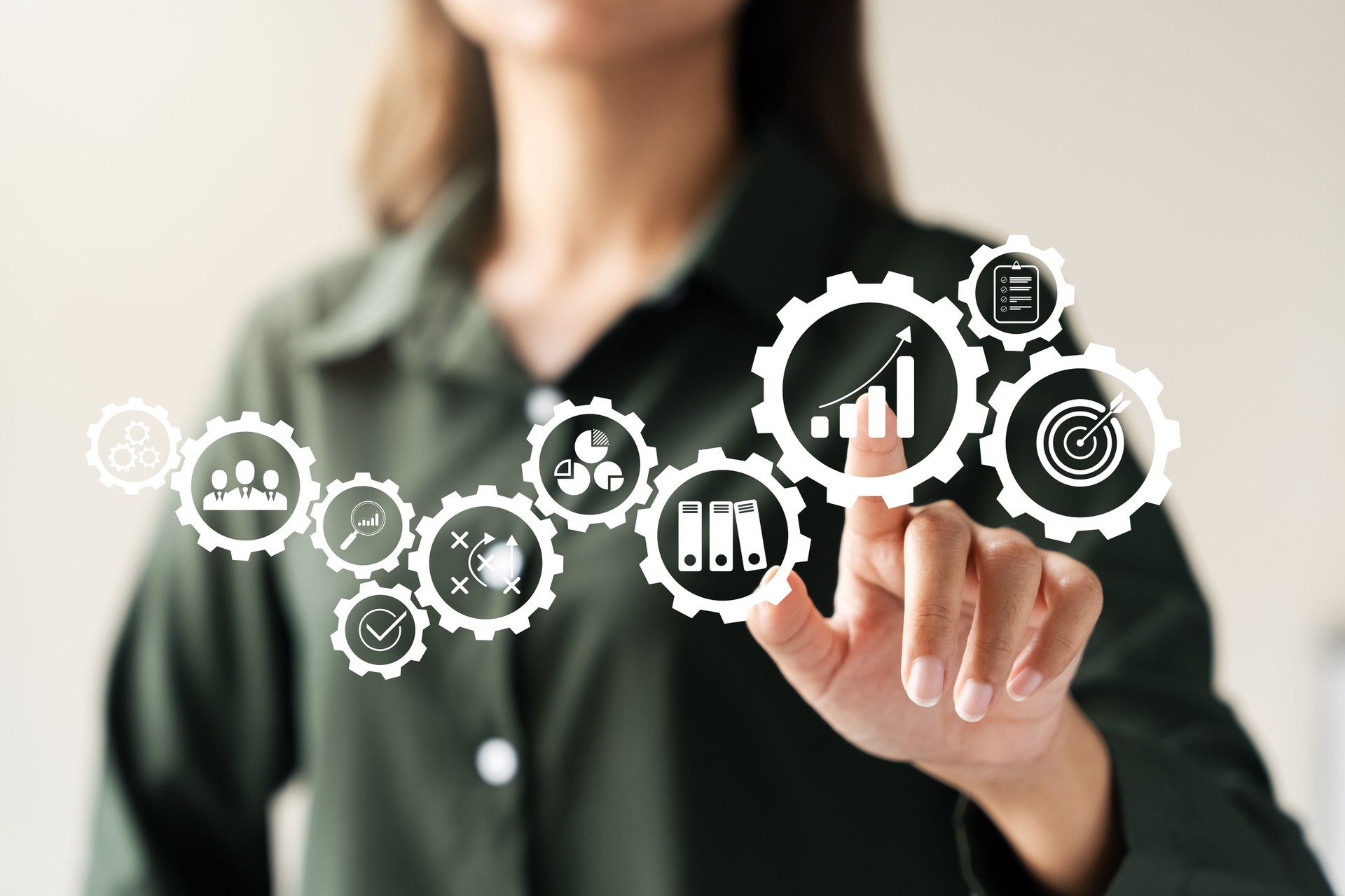 Businesswoman touching icon achieve excellence in business operations, strategic workflow management Our high performance solutions drive success through quality control and problem solving.